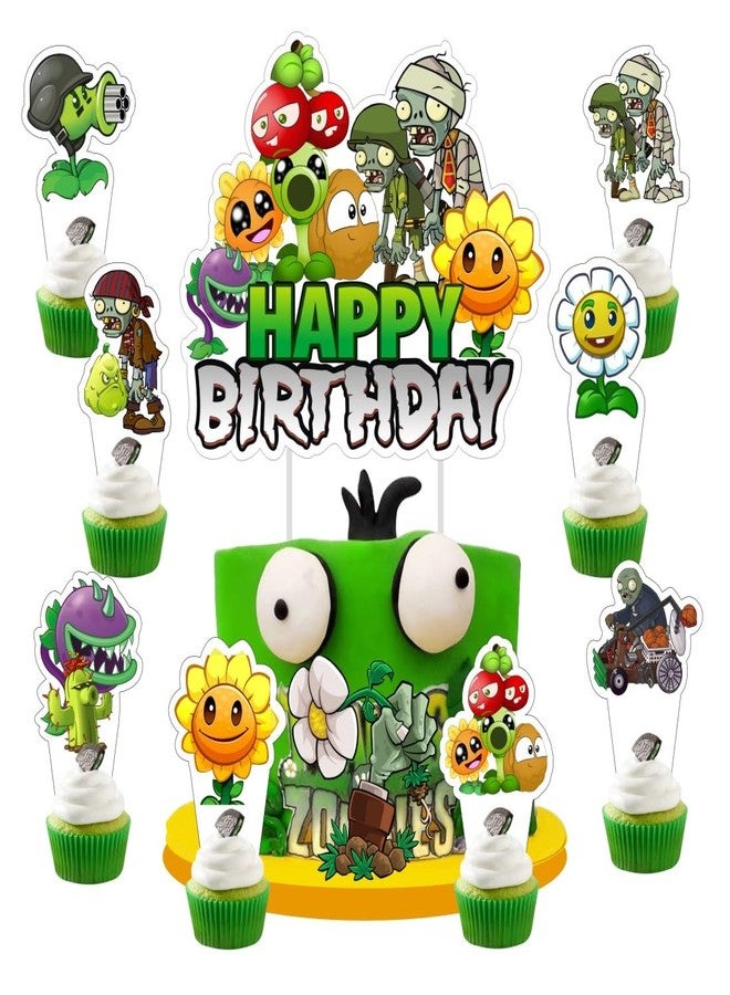 fancigo 25Pcs Plants and Zombies Cake Decorations with 24pcs Cupcake Toppers, 1pcs Cake Topper for Kids Birthday Party Supplies - Image 1